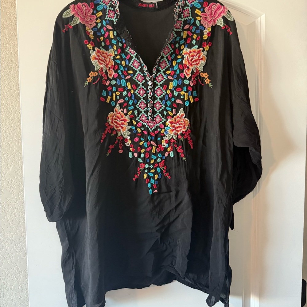 Johnny Was Black Tunic with Floral Embroidery